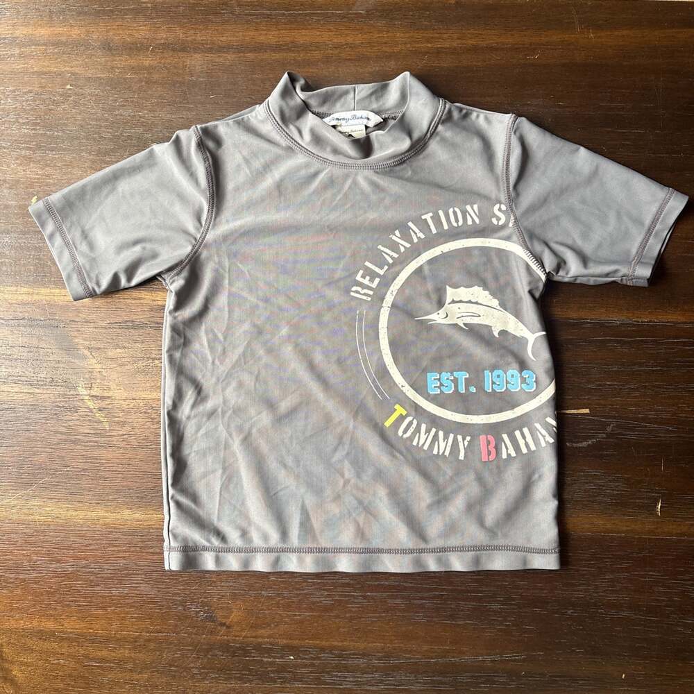 Tommy Bahama Boys Rash Guard Size 6 Gray Short Sleeve Swim Shirt Mock Neck Logo